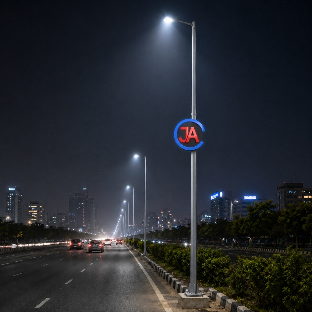 Jay Ambe Engineering Premium Octagonal Pole Lit at Night on Highway